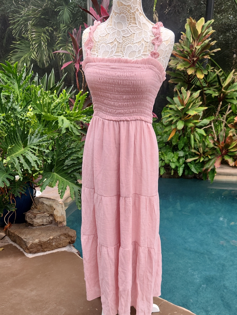 Love Tree Pink Smocked Ruffle Strap Maxi Dress